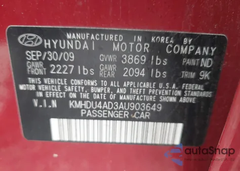 2010 Hyundai Elantra Gls from USA, damaged, VIN KMHDU4AD3AU903649